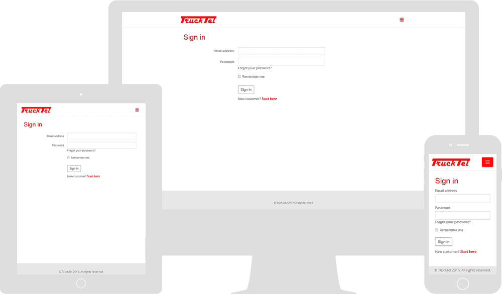 Screenshot of the TruckTel sign in webpage in mobile, tablet & desktop viewports