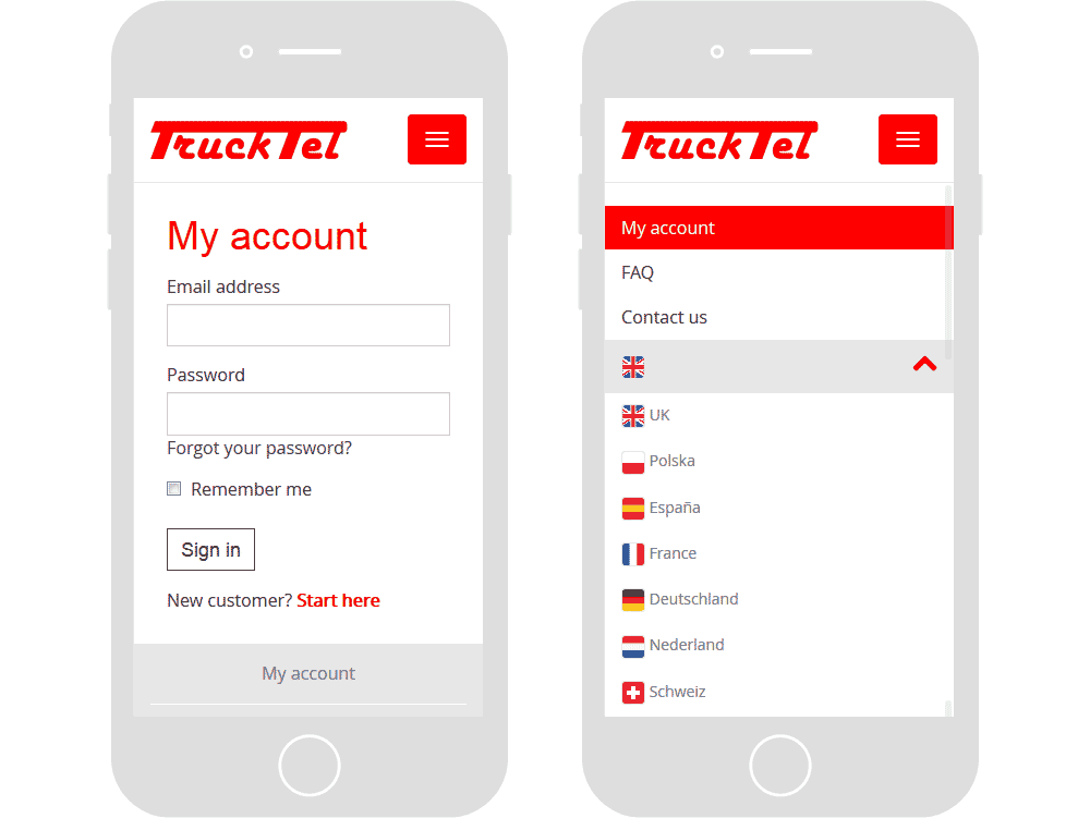 Screenshot of the TruckTel my account webpage & with the navigation open in mobile viewports