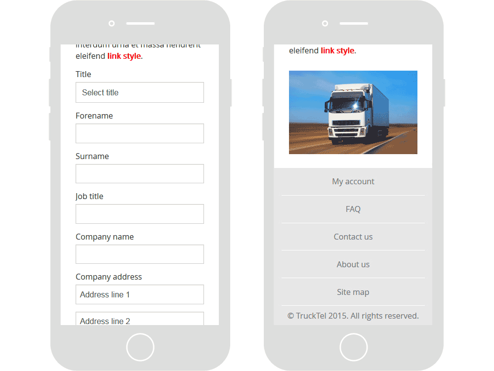 Screenshot of the TruckTel new customer sign up webpage & footer in mobile viewports