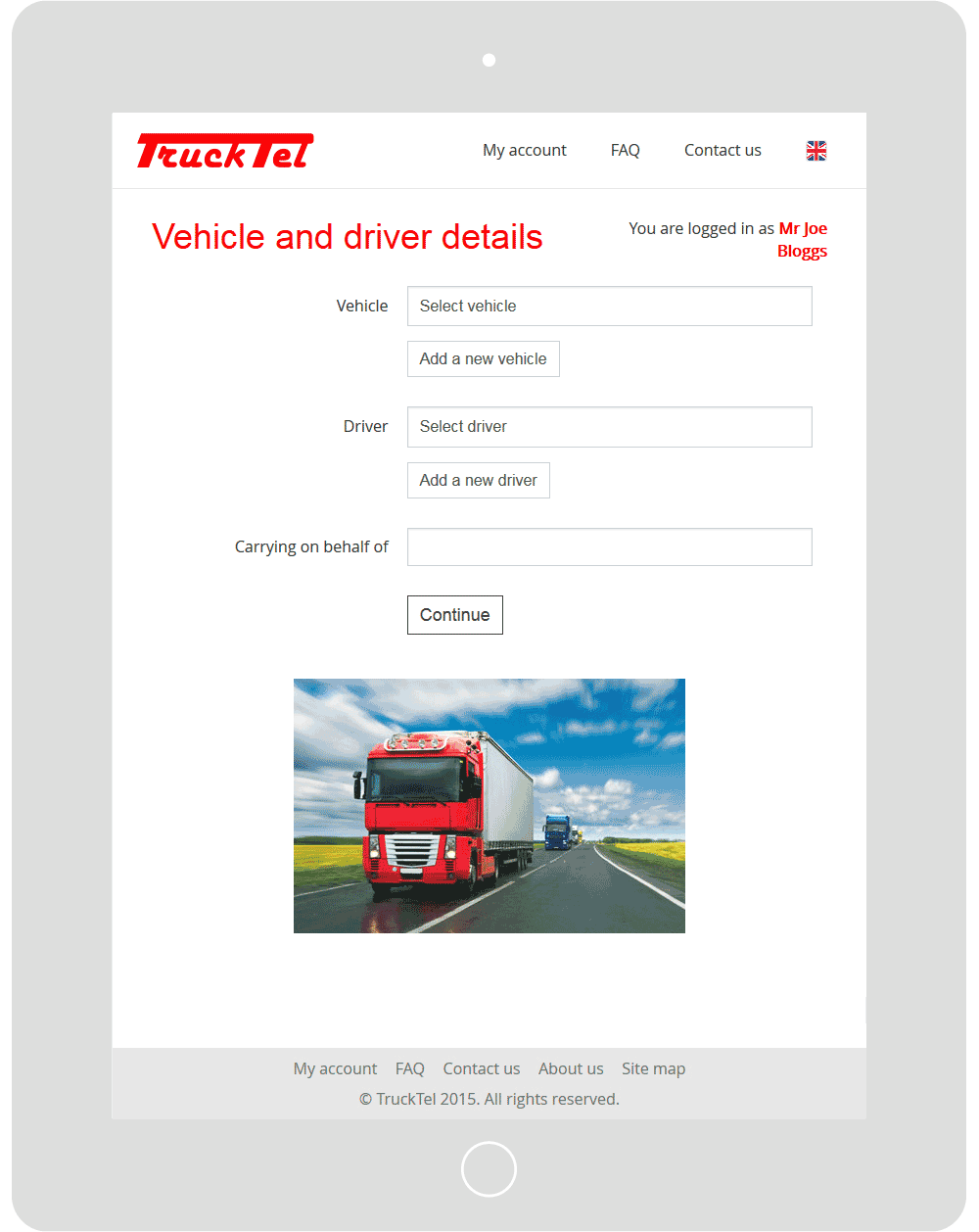 Screenshot of the TruckTel vehicle & driver details webpage in a tablet viewport